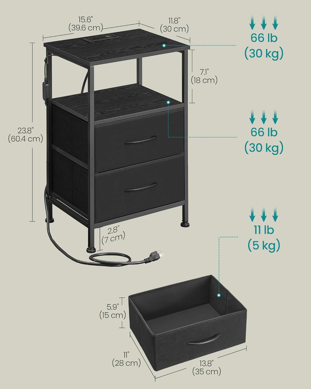 SONGMICS Nightstand with Charging Station - App-Controlled LED Lights, 2 Drawers & Open Shelf, Ink Black & Ebony Black
