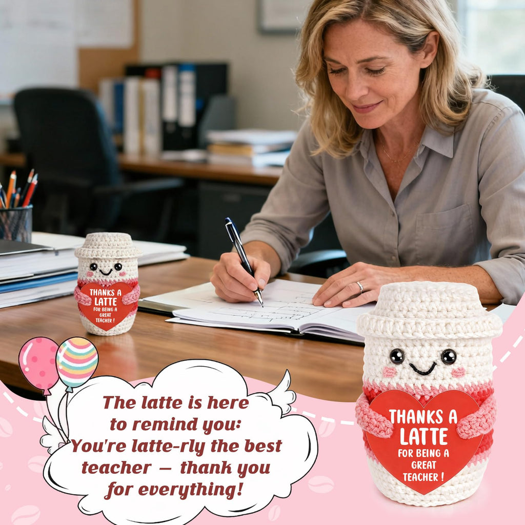 Weming Teacher Appreciation Gifts for Women Teachers, Handmade Crochet Latte Figure with “Thanks A Latte for Being a Great Teacher” Message Sign, End of Year Thank You & Retirement Gift from Students