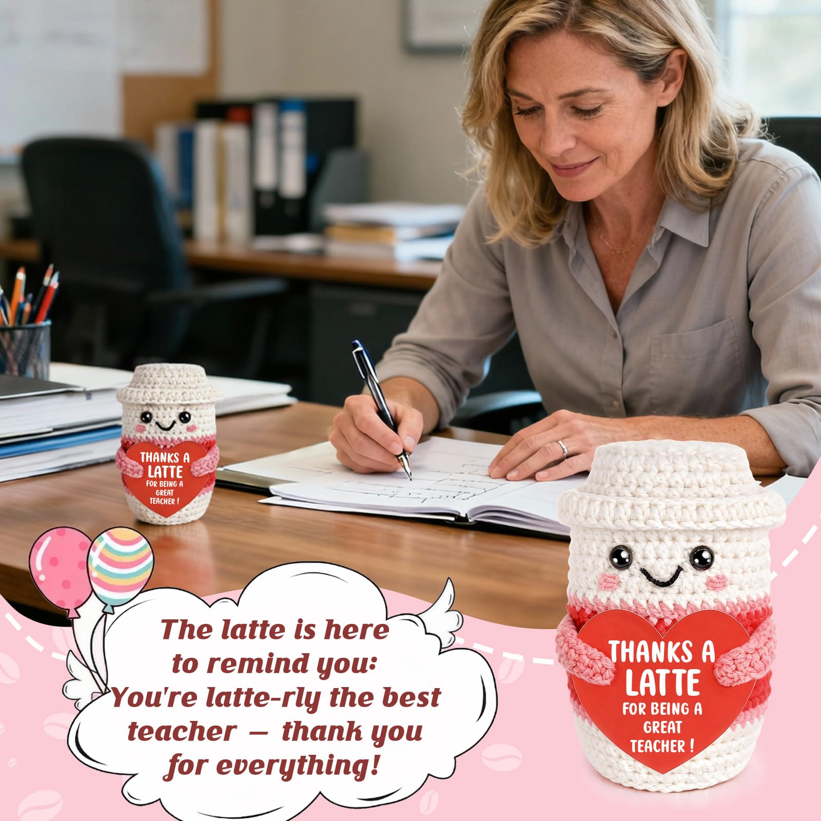 Weming Teacher Appreciation Gifts for Women Teachers, Handmade Crochet Latte Figure with “Thanks A Latte for Being a Great Teacher” Message Sign, End of Year Thank You & Retirement Gift from Students