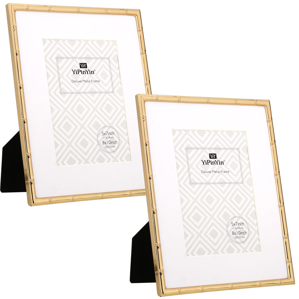 YiPinYin 8x10'' Bamboo Detail Gold Metal Picture Frame with Acid Free Mat for 5x7'' Set of 2,Narrow Gold Plated Photo Frames 5 x7'' With Soft Touch Velvet Backing for Desktop and Wall Décor