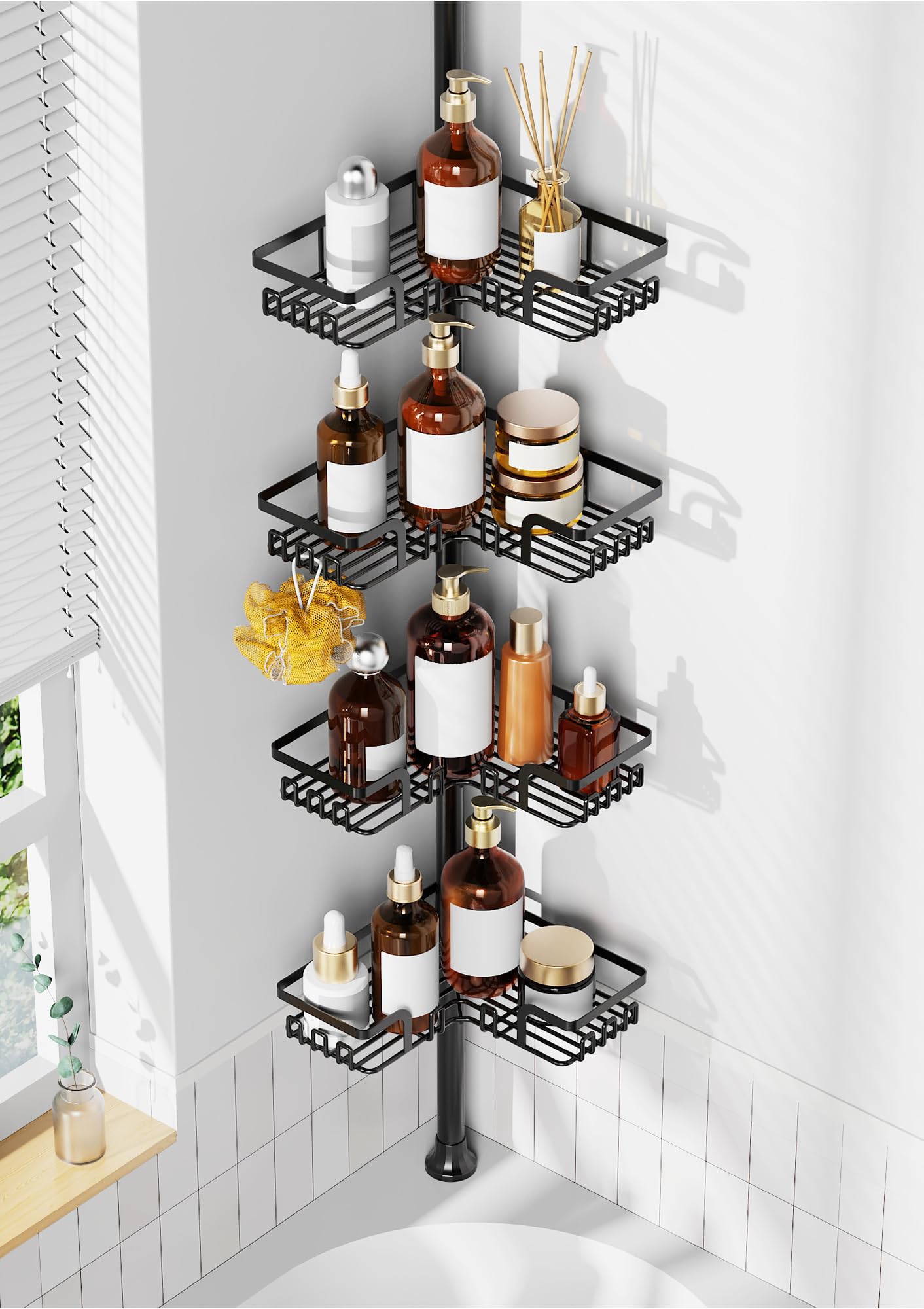 Tension Pole Shower Caddy 5x Stability, Adjustable Floor to Ceiling Shower Organizer, Standing Shower Tension Rod Shelves, 4 Tier Storage Shelves with 2 Soap Holders/Hanging or Adhesive, 25in-114in
