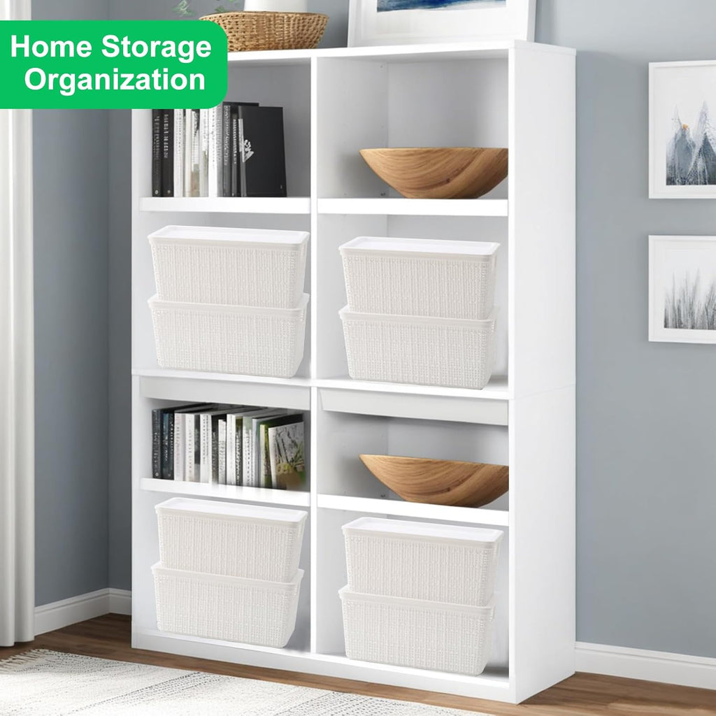 Plastic Storage Baskets by [Brand Name] - 6 Pack White Stackable Bins with Lids for Organizing Desktops & Closets