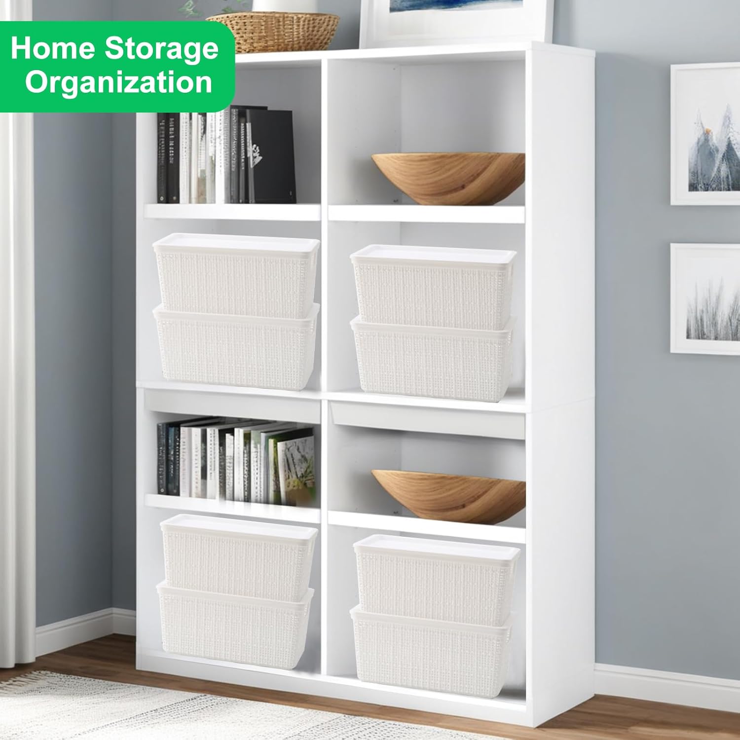 Plastic Storage Baskets by [Brand Name] - 6 Pack White Stackable Bins with Lids for Organizing Desktops & Closets