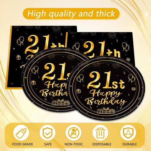 41Pcs Black and Gold 21st Birthday Decorations Disposable Tableware Set: Plates, Napkins, and Tablecloth 21st Birthday Party Supplies for Men Women Serves 20 Guests