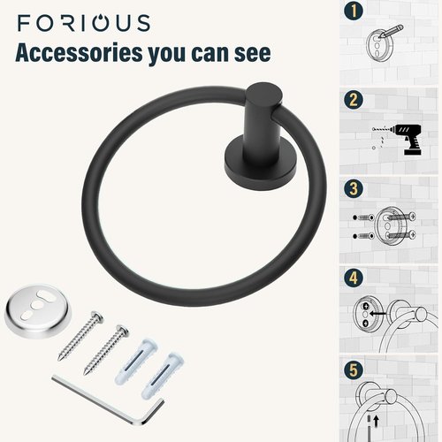 FORIOUS Towel Ring - Modern SUS304 Stainless Steel Hand Towel Holder | Matte Black, Wall-Mounted Design for Bathroom & Kitchen