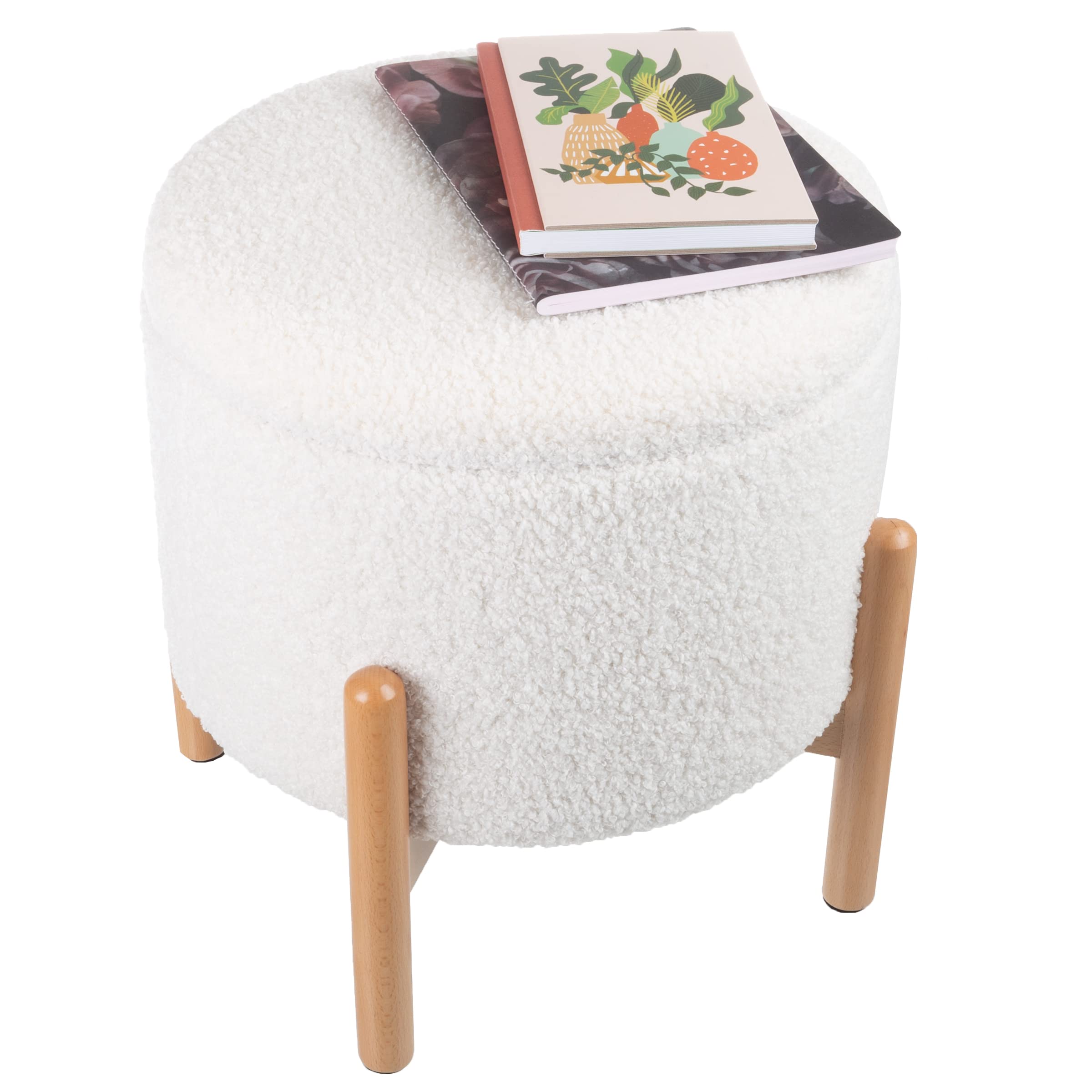 Round Sherpa Storage Ottoman Pouf with Removable Lid – Plush Couch Footrest & Hidden Organizer for Small Spaces, Dorm or Living Room by Lavish Home (White)