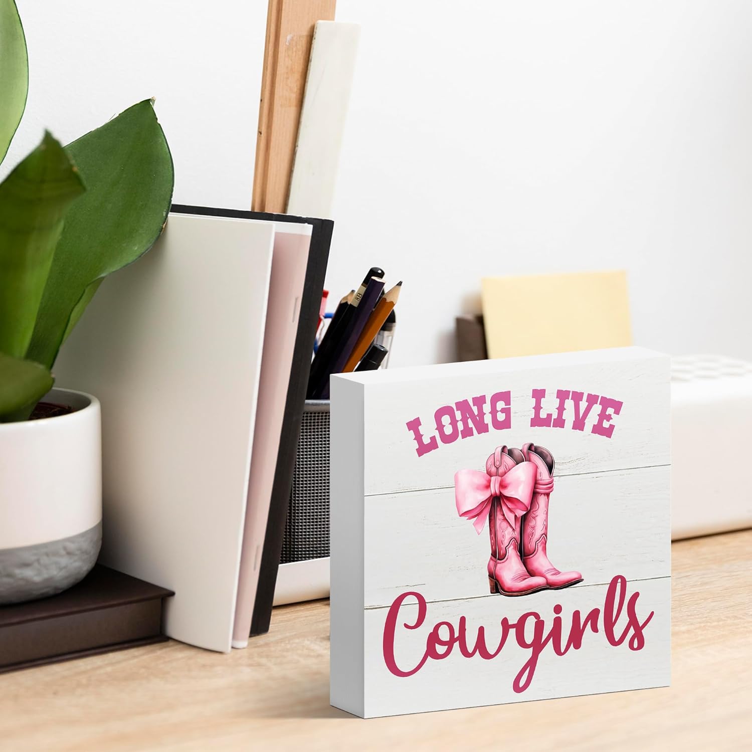 Skiennix Pink Bow Western Cowgirl Decor - Charming Wooden Box Sign for Nursery & Teen Rooms | 5x5 Inches