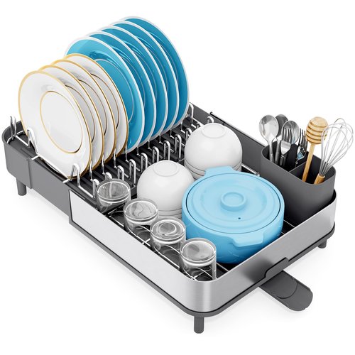 Urackify Dish Drying Rack, 304 Stainless Steel Dish Drainer with Removable Utensil Holder & Drain Board, Rustproof Space-Saving Dish Rack for Kitchen Countertop, Grey