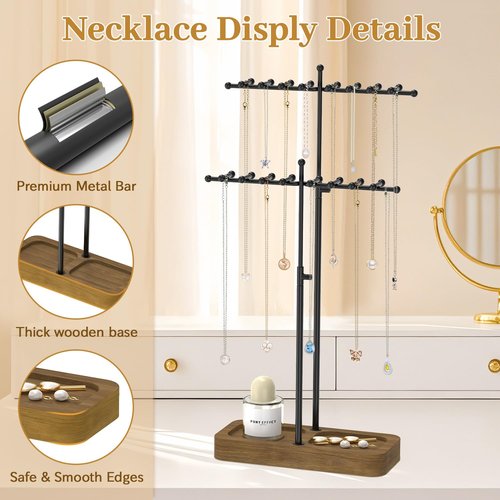 MODOWEY Necklace Holder Organizer Stand with 36 Hooks, Tall Display Tree Rack for Women Men Jewelry Storage, Adjustable 2 Tier Metal Hanger Wood Tray for Vendor, Large Capacity for Dresser Small Space