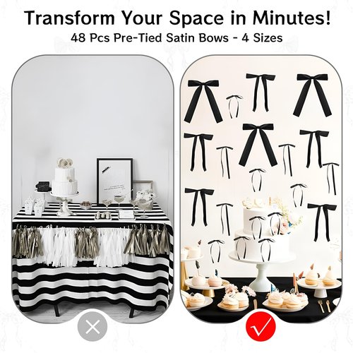 GZIXBDA 48Pcs Black Bow Wall Decor, Satin Ribbon Bow Birthday Decorations Photo Backdrop Party Decor for Birthday Baby Shower Bachelorette Wedding Party Room Bedroom