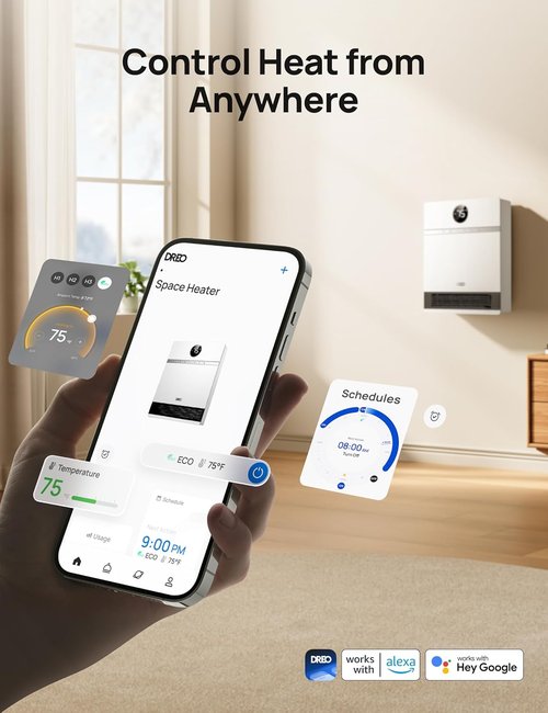 DREO Smart Wall Heater - IP24 Electric PTC Space Heater with 30° Oscillation & Remote Control | Ideal for Home & Office