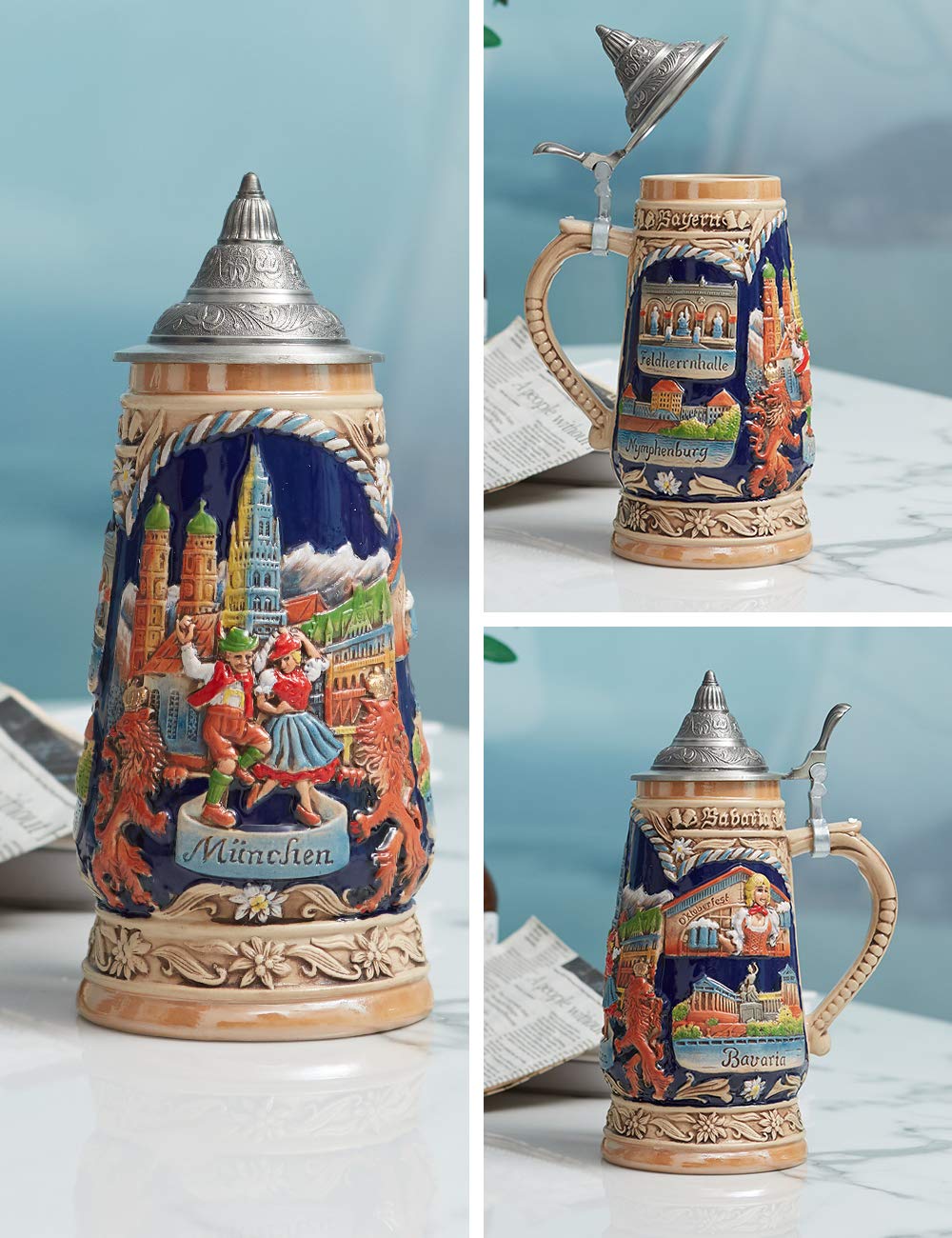 HAUCOZE Beer Stein Mug German Munich Bavarian Drinking Viking Tankard with Pewter Lid Birthday Gifts for Men Father Husband 1.0 Liter