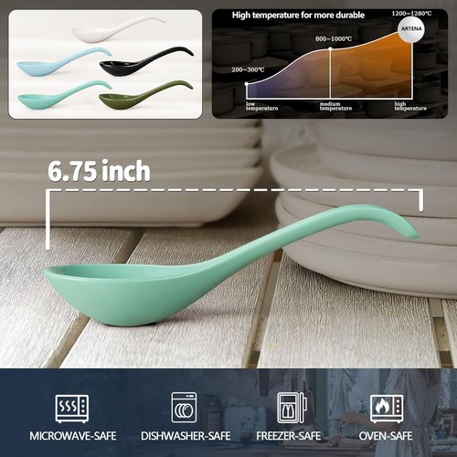 Artena Solid Asian Soup Spoon Set - Ultra-Fine Porcelain Ramen & Miso Spoons | 6.75 Inch, Teal