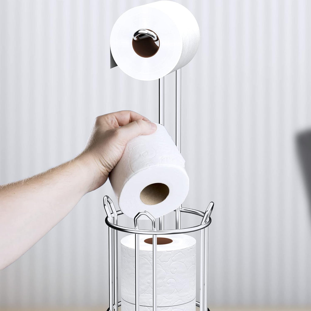 Meangood Toilet Paper Holder Stand - Free Standing Tissue Roll Dispenser for 4 Mega Rolls | Metal Wire Silver