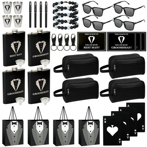 Set 4 Groomsmen Proposal Gifts - Groomsmen Gift Boxes with Leather Bag，Tuxedo Flask, Funnel，Shot Glasse，Poker Card Bottle Openers, Sunglasses, Pen，Bracelet, Card & Gift Bags for Wedding Party