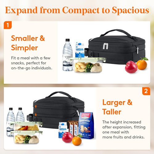 Lifewit Insulated Lunch Box - Expandable Cooler Bag with 2 Ice Packs | 8.2L Black for Work & Travel