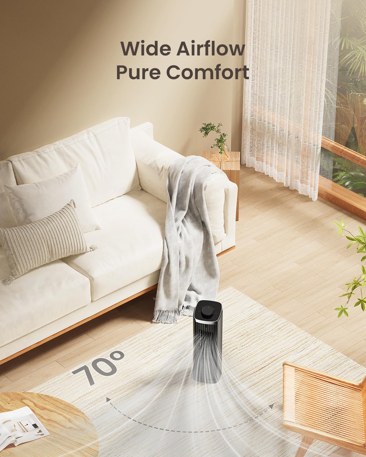 PNTCK Fan for Bedroom, 13" Tower Fan with 3 Speeds Max 23ft/s, 70° Oscillating Desk Fan, Bladeless Standing Fan, Portable Fans, Cooling Fans for Office, Home Medium-13”-Knob