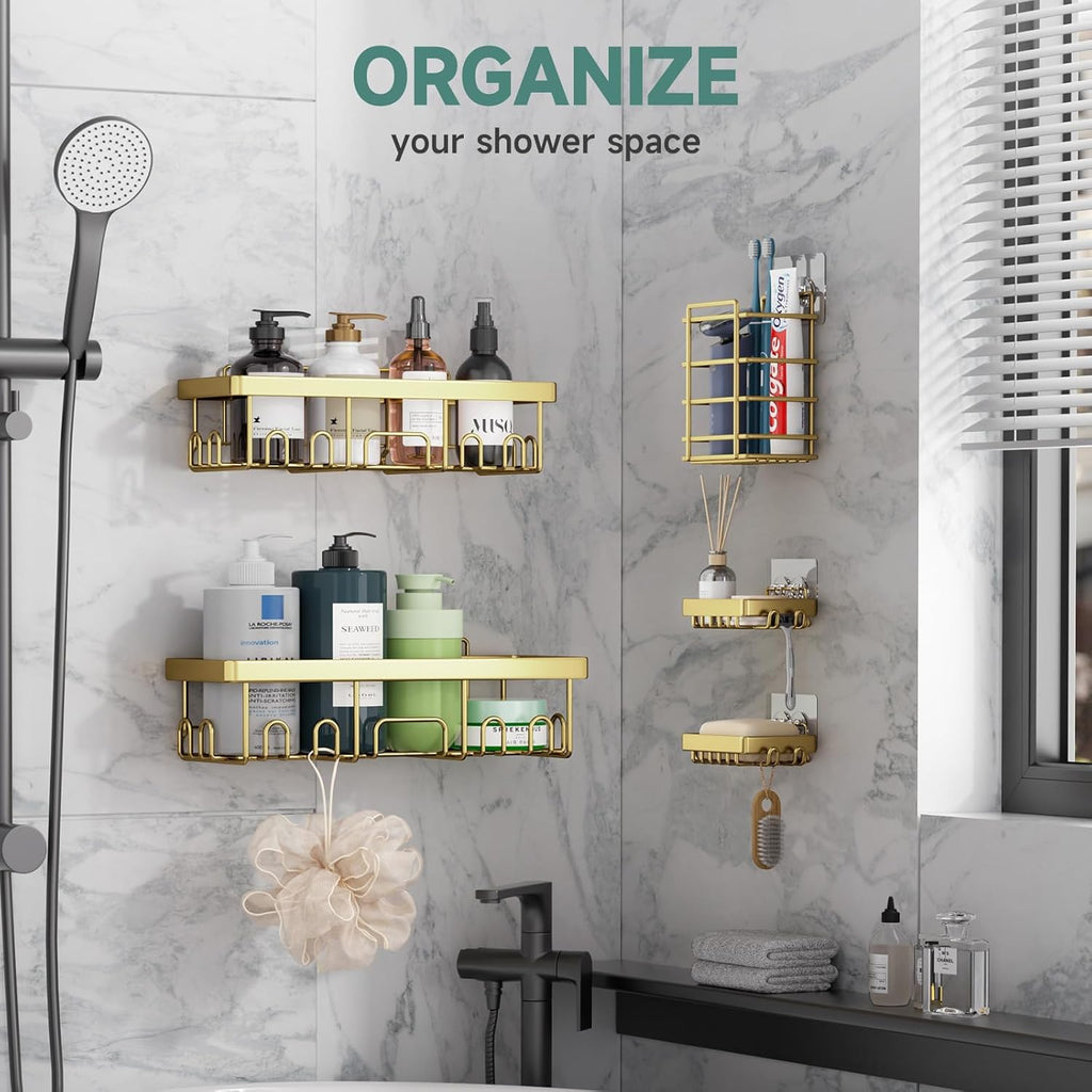 Veken Adhesive Shower Caddy - Heavy-Duty Wall-Mounted Organizer with Soap Dish & Toothbrush Holder | Gold 5-Pack