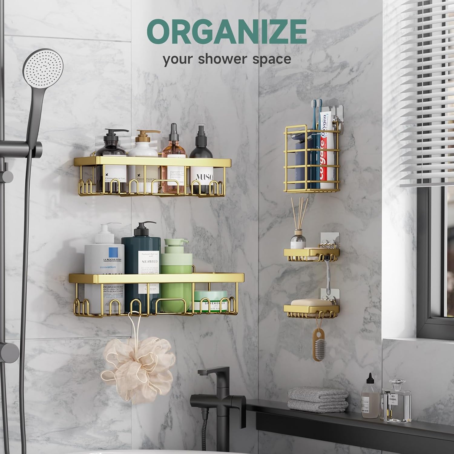 Veken Adhesive Shower Caddy - Heavy-Duty Wall-Mounted Organizer with Soap Dish & Toothbrush Holder | Gold 5-Pack