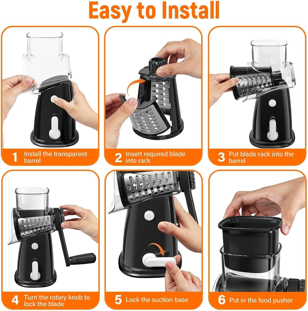 Skiennix 5-Blade Rotary Cheese Grater - Hand Crank Vegetable Chopper & Slicer with Suction Base | Black
