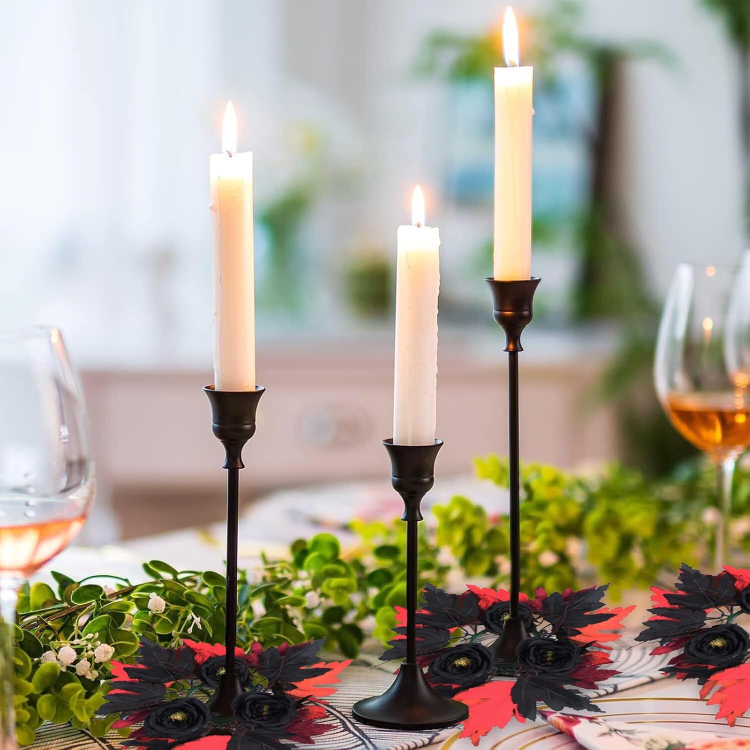 Skiennix Halloween Wreath Candle Rings - Gothic Red & Black Maple Leaf Rose Decor | Perfect for Wall & Table Centerpieces