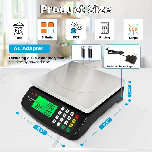 Large Digital Kitchen Scale 40kg/88lb Stainless Steel Price Computing Scale Counting Scale Deli Scale with LCD Display for Baking Bread Cooking Meat Prep Parts and Coins Adapter Included (Black)