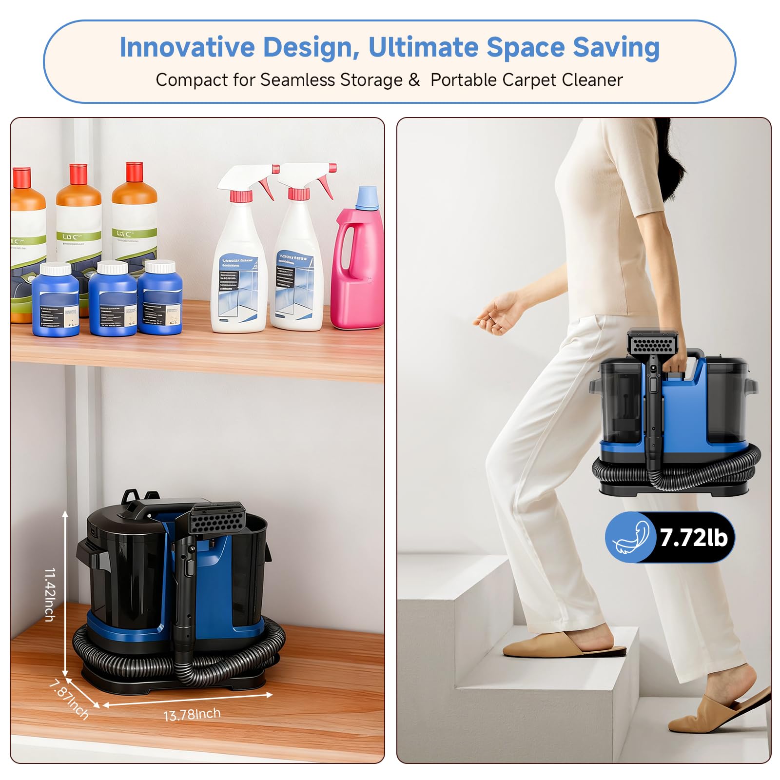 Vaconly Portable Carpet & Upholstery Cleaner Machine, Handheld Spot Cleaner with Dual Brush, 18KPa Suction, Large Removable Tank for Couch, Car, Stairs, Rugs & Pet Stains, Blue