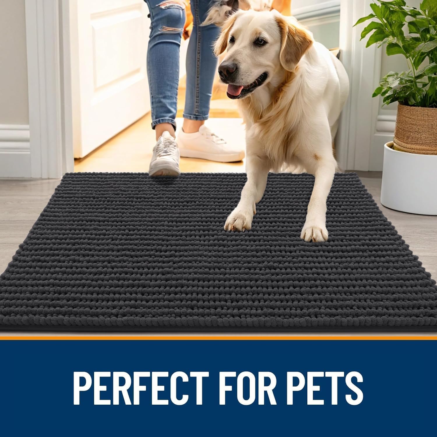 OLANLY Dog Door Mat - Ultra Absorbent Chenille Mud Doormat for Muddy Paws | Non-Slip, Washable, 30x20, Dark Grey