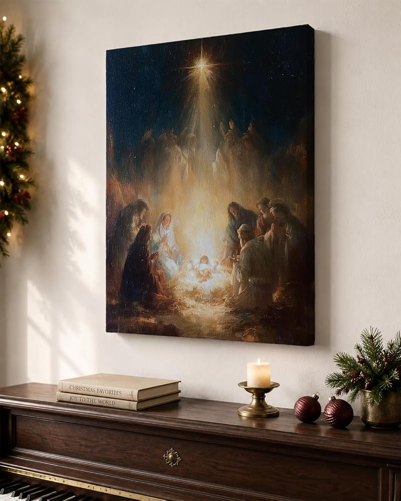 Nativity Wall Art 12x16 with Glowing Star Framed Canvas Print - Variation: Nativity Star Scene