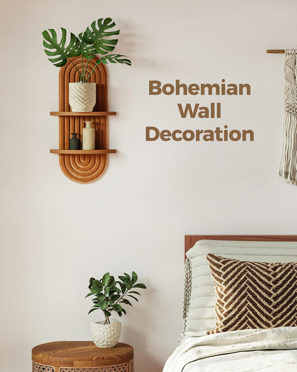 Bamworld Boho Wall Decor - 2-Tier Brown Plant Wall Shelf | Mid-Century Modern Floating Shelf 16.7in