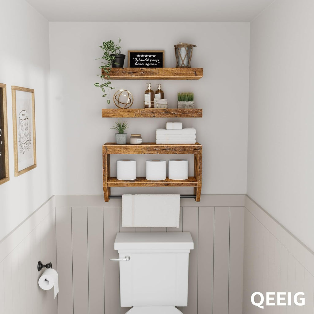 QEEIG Floating Bathroom Shelves - Rustic Brown Wall Storage Set of 3 | 16 Inch Over Toilet Solution