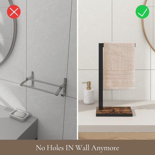 BCOZLUX Hand Towel Holder for Bathroom, Hand Towel Stand with Wood Base, L-Shape Hand Towel Rack Height 13.85'' for Vanity Countertop, Kitchen Counter, (Rustic Brown-Square Base-L Shape)