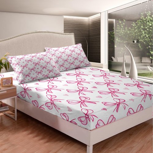 Pink Bow Girlish Kids Sheet Queen Size,Bowknot Love Heart Hand Paint Cute Bedding Set,Girls Women Room Decor,Princess Style Bow Tie Girly Romantic Bed Sheet Set 4pcs(Fitted + Flat + 2 Pillowcases)