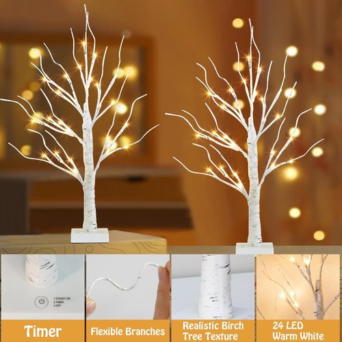 EAMBRITE Lighted Birch Tree - 24 LED Mini Tabletop Decorations | Battery Operated & USB, 2FT White Trees for Easter & Christmas Decor