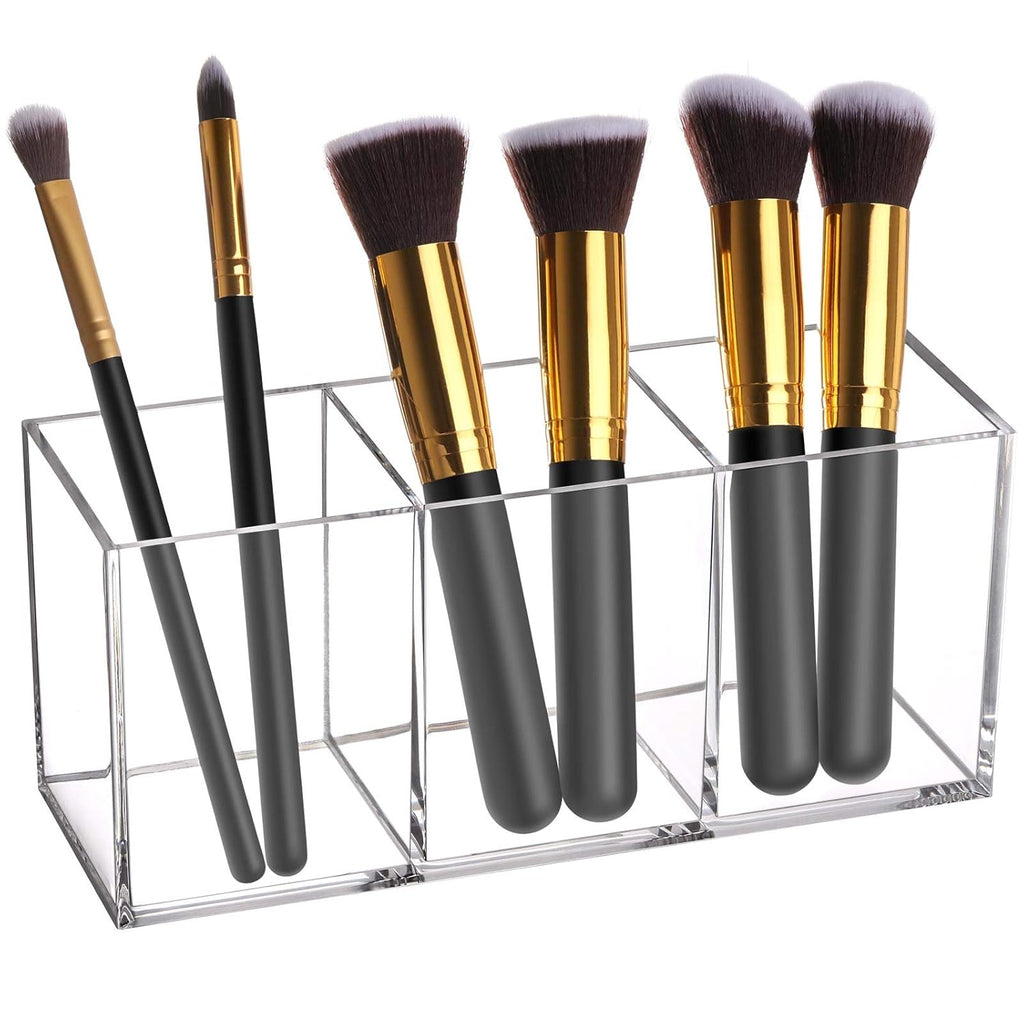 Tbestmax Makeup Brush Holder - Clear Organizer with 3 Slots for Vanity Storage