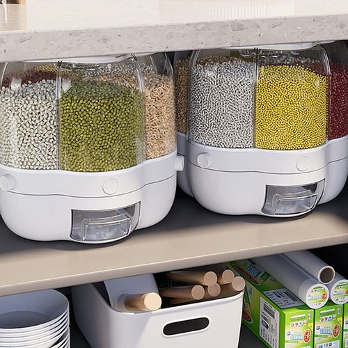 Enfudid Food Grain Storage Container Large Capacity 6-Grid Rice Dispenser, Rotatable Sealed Grain Food Storage Box Rice Bucket Dry Food Fruit Box Kitchen Storage Bucket for Home Kitchen- White 14.3LB