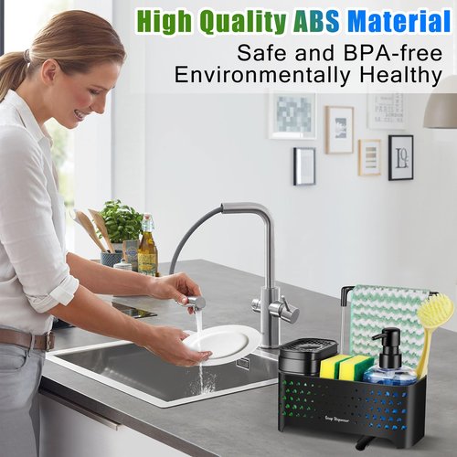 Kitchen Soap Dispenser Set, Sponge Holder for Kitchen Sink, Hand and Dish Soap Dispenser with Sink Caddy - 5-in-1 Design, Non-Slip Drainage Water Kitchen Sink Organizer (Black)