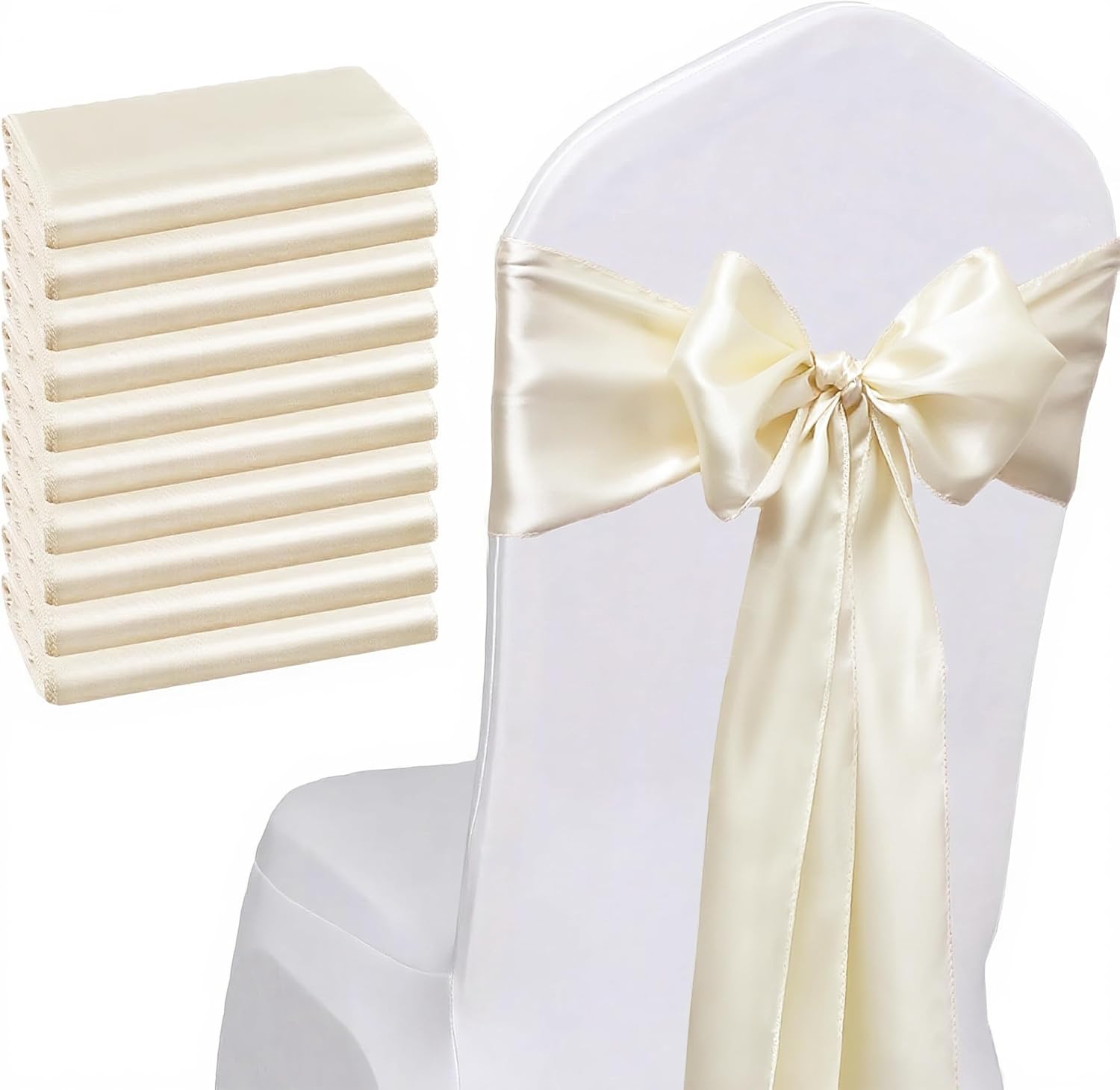 Skiennix Wedding Satin Chair Sashes - Elegant Ivory Bows for Banquet & Event Decor | 7x108 Inch, 50 Pack