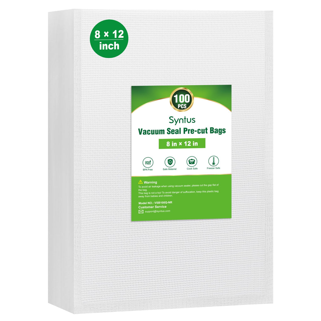 Syntus Vacuum Sealer Bags for Food, 100 Count Quart 8" x 12" Commercial Grade PreCut Bag, BPA Free Food Vac Bags for Storage, Meal Prep or Sous Vide