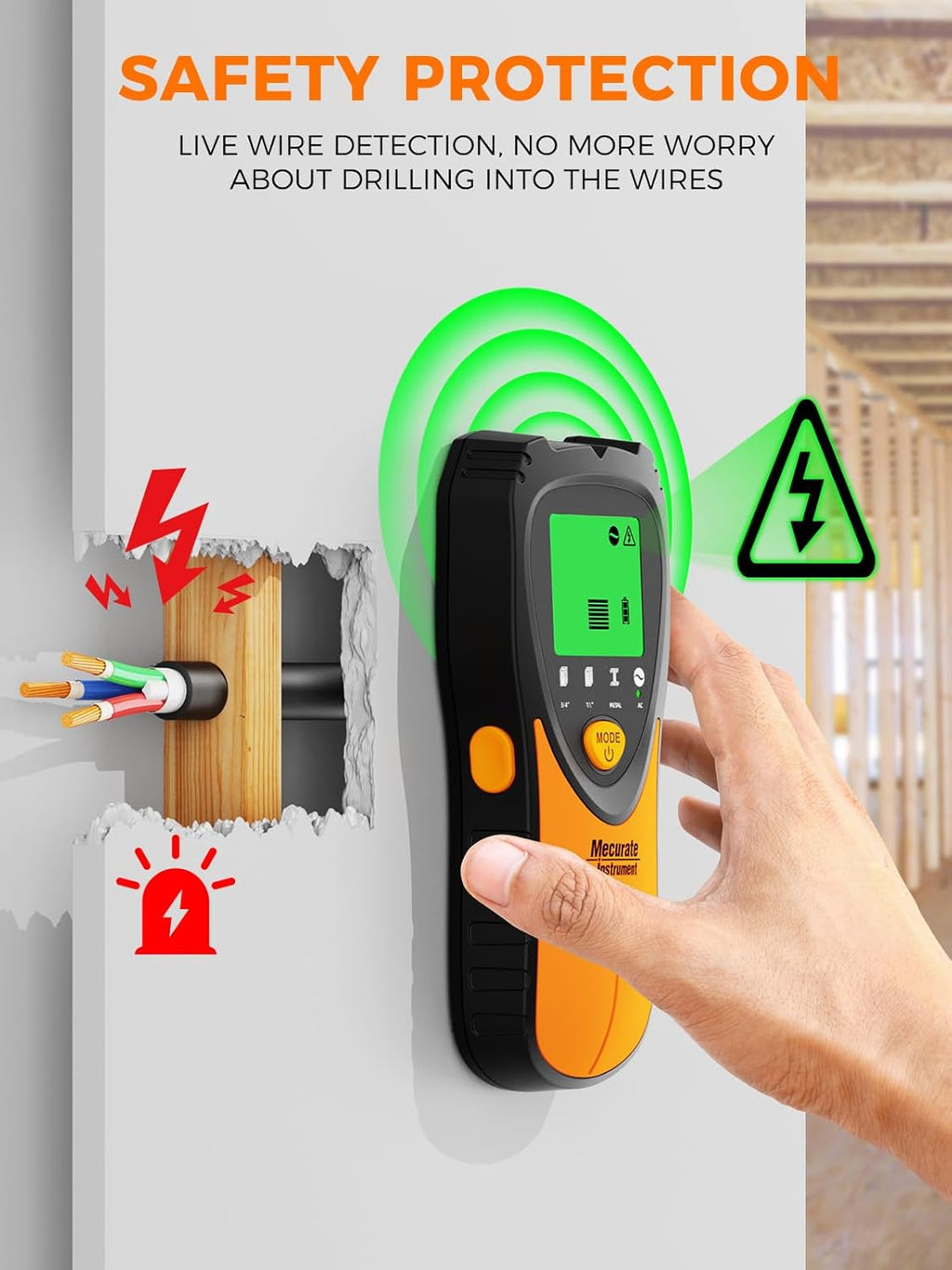 Mecurate Stud Finder - 5-in-1 Wall Scanner with LCD Display & Audio Alarm for Wood, Metal, AC Live Wires