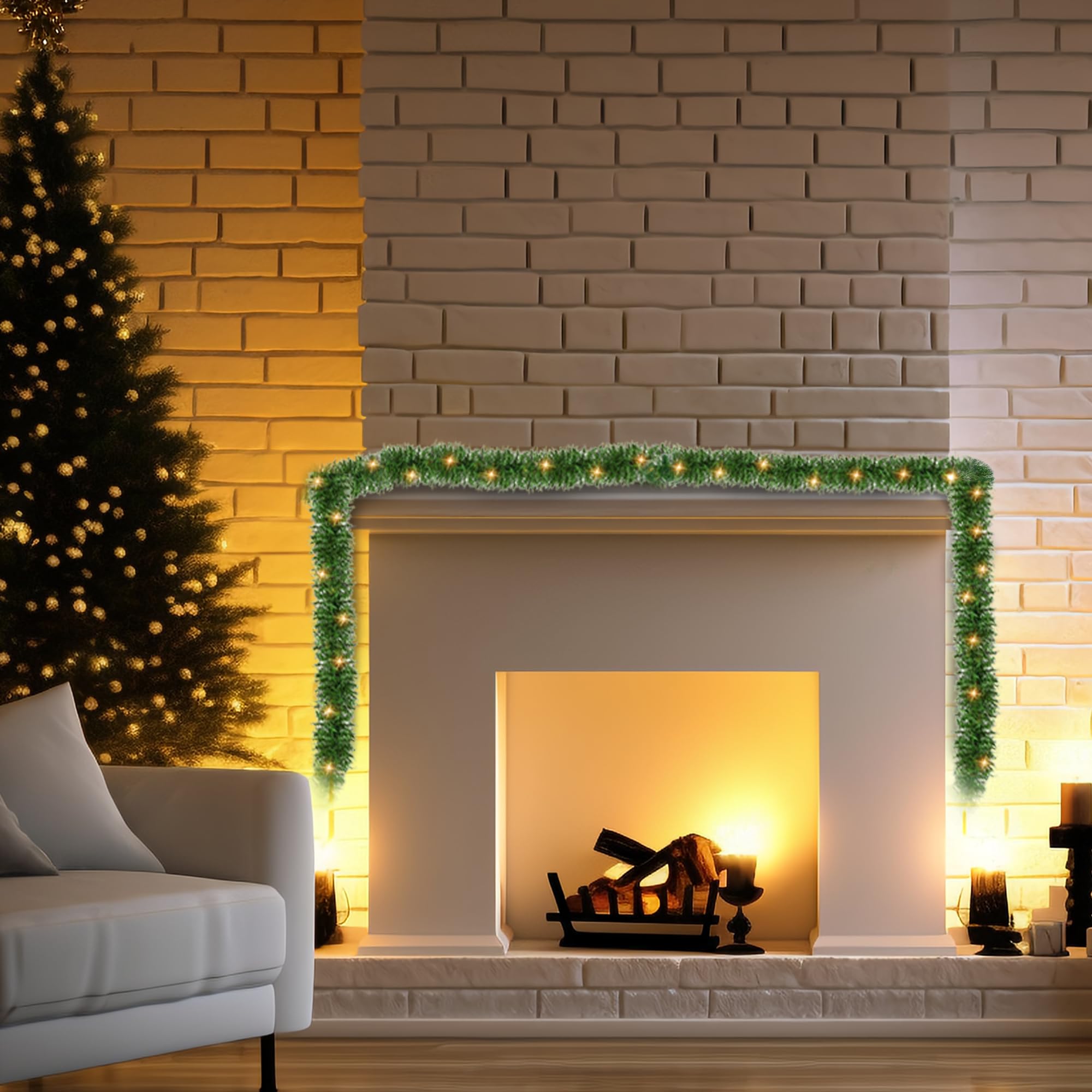 NEROSUN 50 FT Christmas Green Garland, 150 LED Pre-lit Lights Lighted Artificial Pine Garlands, for Indoor Outdoor Gate Home Winter Holiday Christmas Decorations