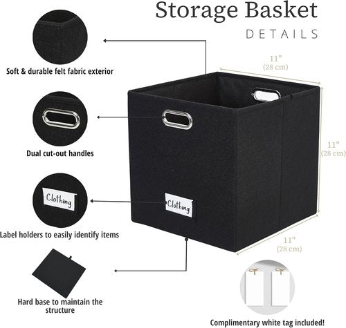 DECOMOMO Black Storage Bins - 11-Inch Cube Felt Baskets with Labels | Set of 6 for Organized Spaces