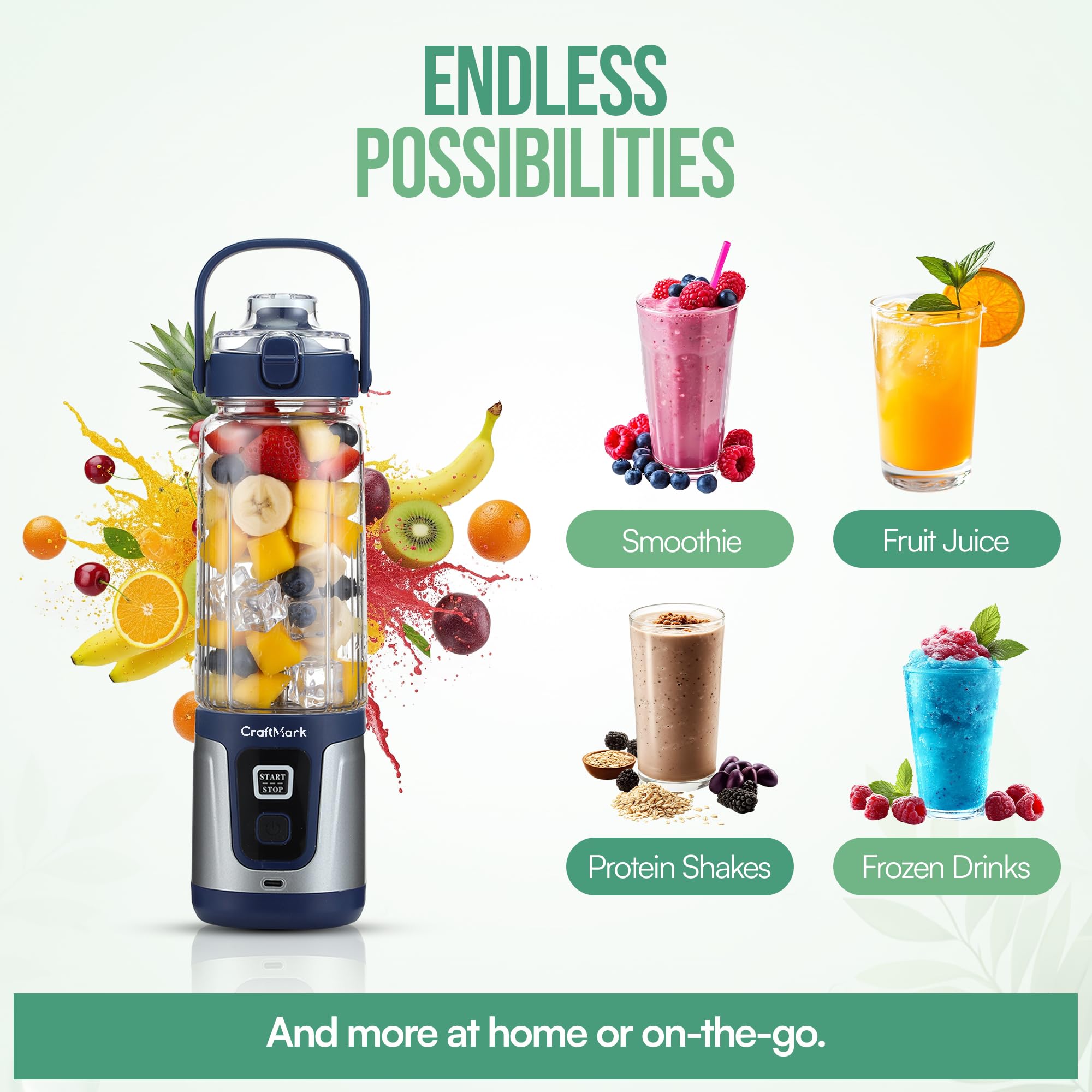 Portable Smoothie Blender – 24oz Personal Mini Blender, USB Rechargeable Cordless Smoothie Maker for Protein Shakes, Ice Crusher & Frozen Fruit with Travel Portable Juicer