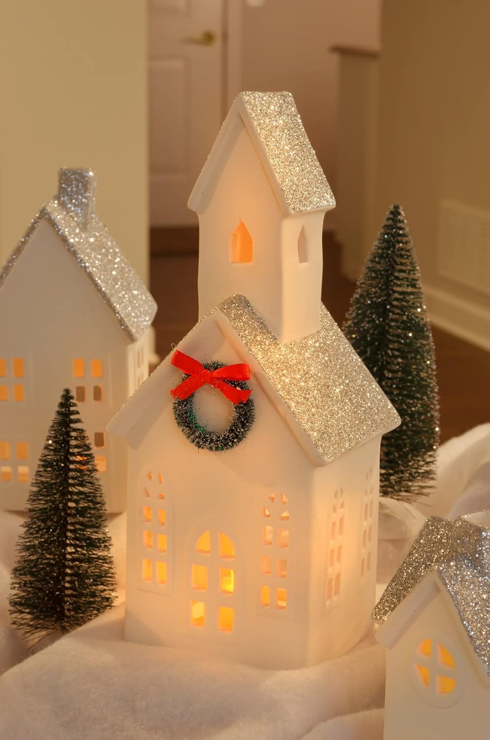 Mark Feldstein & Associates LED Holiday Figurines - Silver Rooftopped Village with Trees | 16-Piece Set, 11 Inch