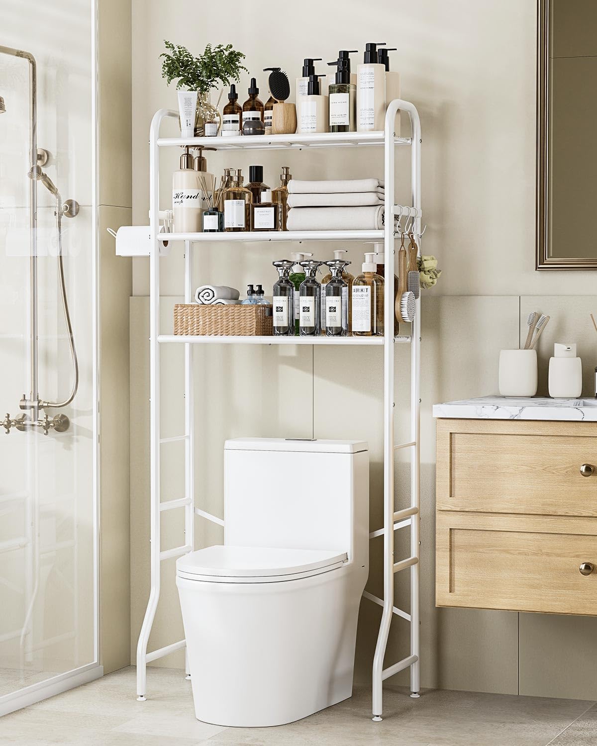 Tujurich Over The Toilet Storage Rack, 3-Tier Metal Bathroom Organizer with Hooks, Over The Toilet Storage Cabinet, Space Saver Shelf for Bathroom, White, 23.6" x 13.0" x 63.4"
