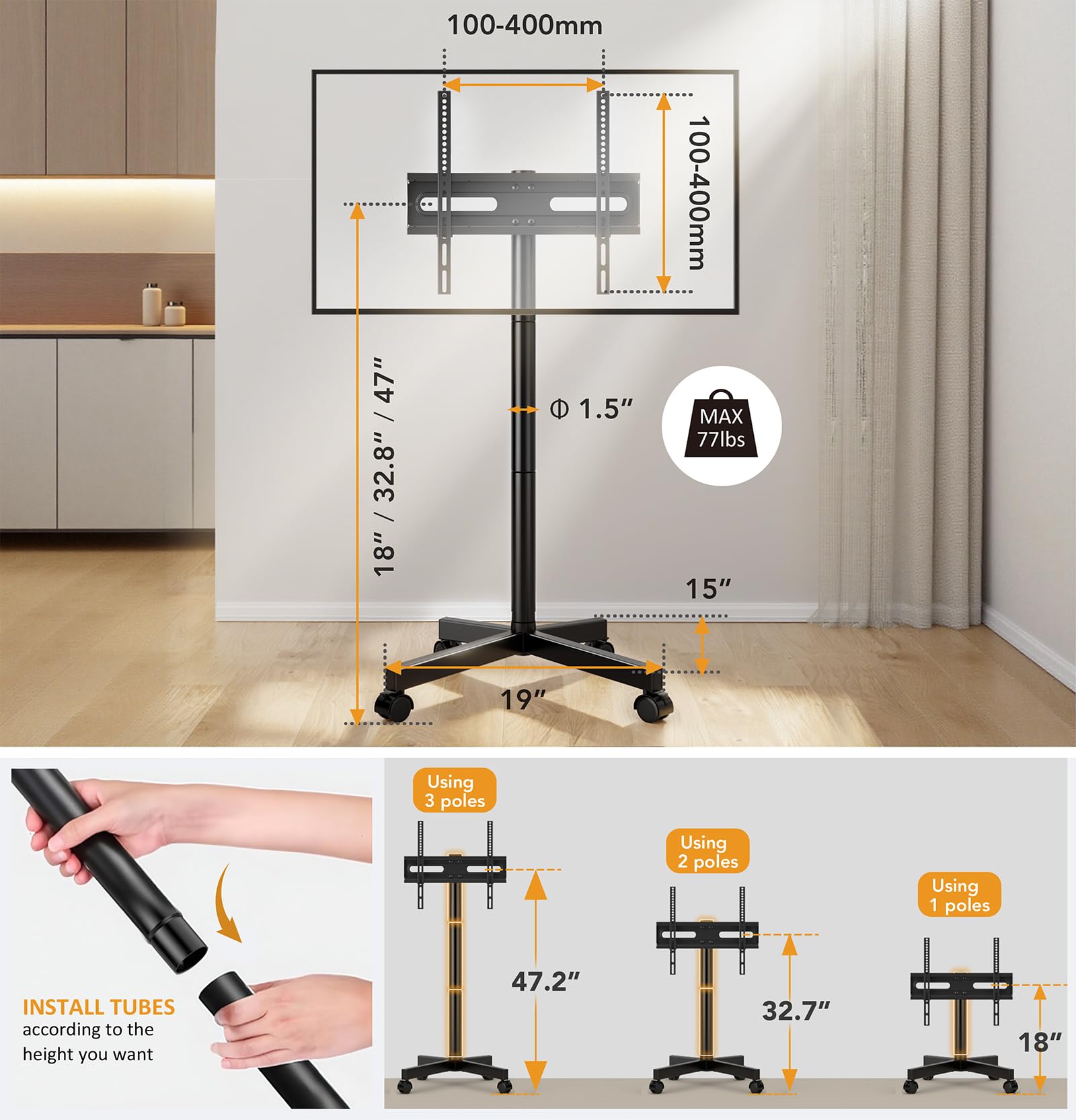 Hemudu Mobile TV Stand for 23-60 Inch LCD LED Flat/Curved Screen TVs, TV Cart Holds up to 77Lbs, Rolling TV Stand with Tilt and Height Adjustable, Pole TV Floor Stand with Wheels Max VESA 400x400mm