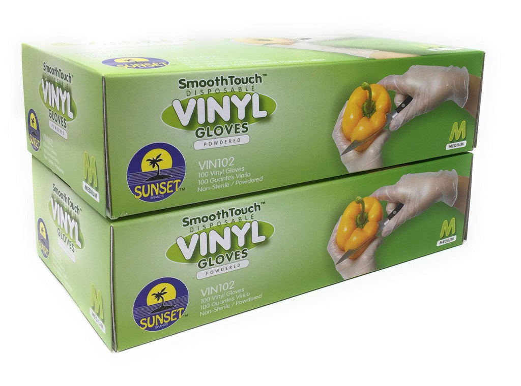 Sunset Brands 200 Disposable Vinyl Gloves, Medium Size, Non-Sterile, Easy Slip On/Off, Smooth Touch, Food Service Grade