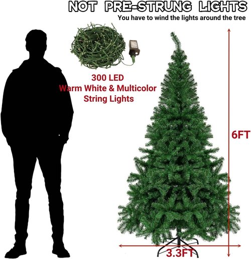 Juegoal 6-Foot Artificial Christmas Tree - 300 LED Warm White & Color Changing Lights | Sturdy Metal Legs, 850 Tips