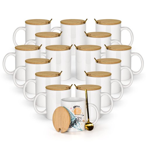 AGH 16pcs 11 oz Sublimation Mugs Blanks, White Coffee Ceramic Mugs Bulk, Plain Mug Cups for Sublimation with Bamboo Lids and Stainless Steel Spoon For Coffee, Soup, Tea, Milk, Latte