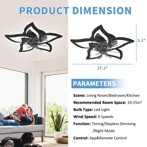 GooComfy Dimmable Ceiling Fan with Light and Remote Control, 27" Small Flush Mounted Ceiling Fan with Led Lights, APP and Remote Controlled, Modern, Black, Upgraded